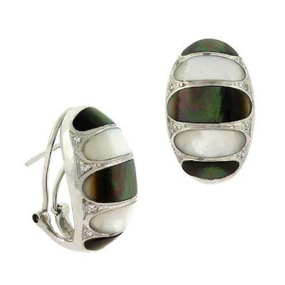 Art Deco Sterling Silver .925 Genuine Gray & White Mother of Pearl MOP Inlay, & Simulated Diamond cz Oval Omega Back Earrings
