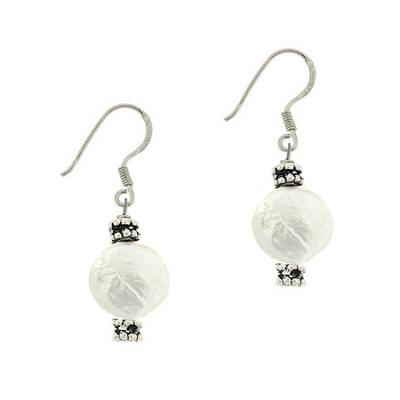 Sterling Silver .925 Iridescent White Round Genuine Freshwater Cultured Coin Pearl Bali Bead Dangle Hook Earrings