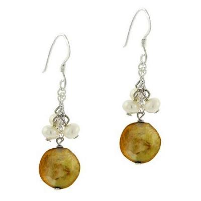 Sterling Silver .925 Iridescent Champagne & White Genuine Freshwater Cultured Coin Pearl Dangle Rolo Link Round Dangle Hook Chain Cluster Earrings