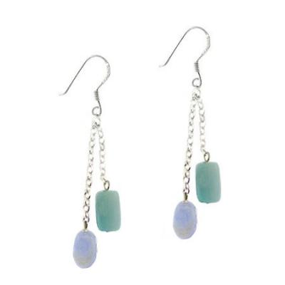 Sterling Silver Genuine Lace Agate and Amazonite Stone Double Earrings