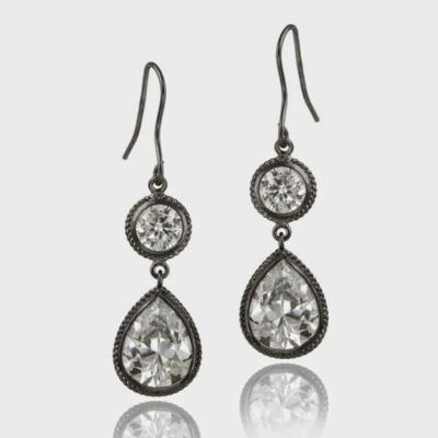 Black Rhodium Overlay Sterling Silver CZ Circle & Teardrop Dangle Earrings