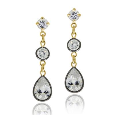 18K Gold & Black Rhodium Overlay Sterling Silver CZ Dangle Earrings
