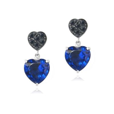 Blue & Black CZ Double Heart Dangle Earrings