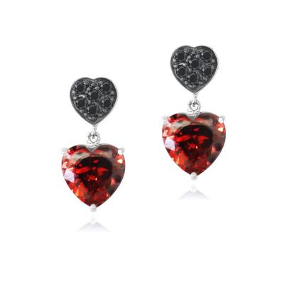 Red & Black CZ Double Heart Dangle Earrings