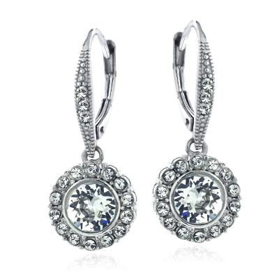 Silver Tone Swarovski Elements Round Halo Leverback Earrings