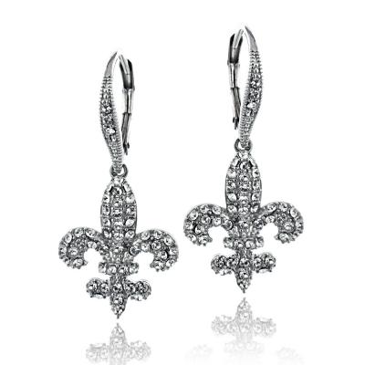 Silver Tone Swarovski Elements Fleur De Lis Leverback Earrings