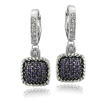 Silver Tone 1.2ct Amethyst & White Topaz Square Rope Leverback Earrings