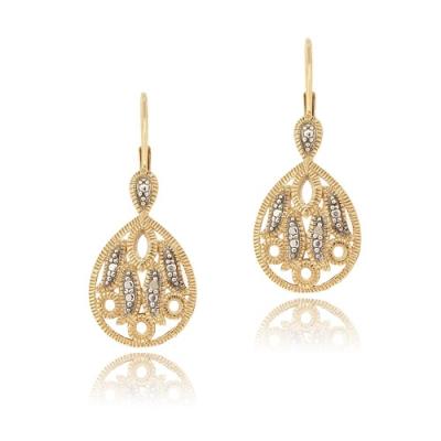 18K Gold over Sterling Silver Diamond Accent Teardrop Filigree Leverback Earrings