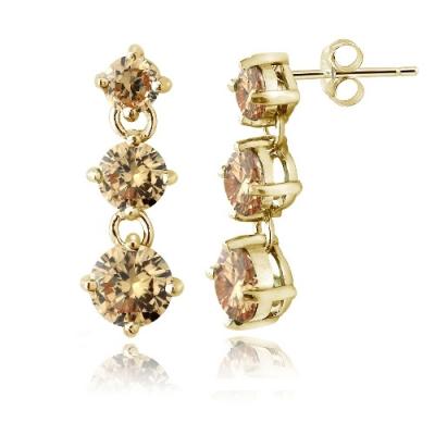Gold Tone over Sterling Silver Champagne CZ Three Stone Dangle Earrings