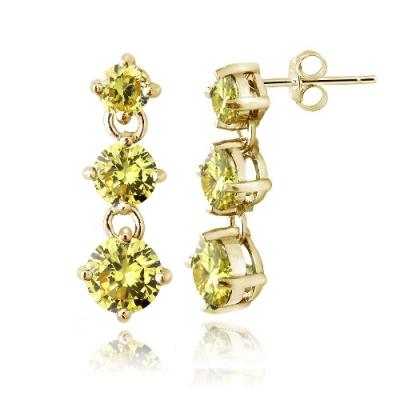 Gold Tone over Sterling Silver Light Yellow CZ Three Stone Dangle Earrings