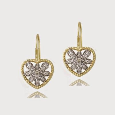 18K Gold over Sterling Silver Two Tone 1/10ct Diamond Filigree Heart Leverback Earrings