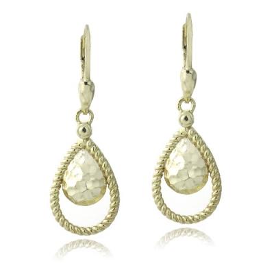 Gold Tone over Sterling Silver Hammered Teardrop Dangle Earrings