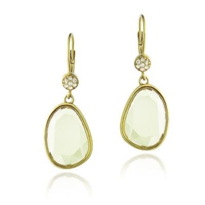 Gold Tone Lemon Quartz & White Topaz Raindrop Dangle Earrings