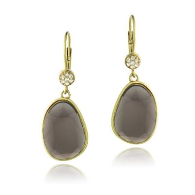 Gold Tone Smoky Quartz & White Topaz Raindrop Dangle Earrings