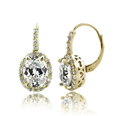 Gold Tone 4ct CZ Oval Halo Leverback Earrings