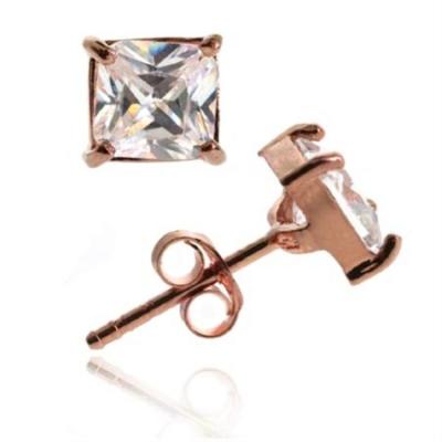 18K Rose Gold over Sterling Silver CZ Square Stud Earrings, 6mm