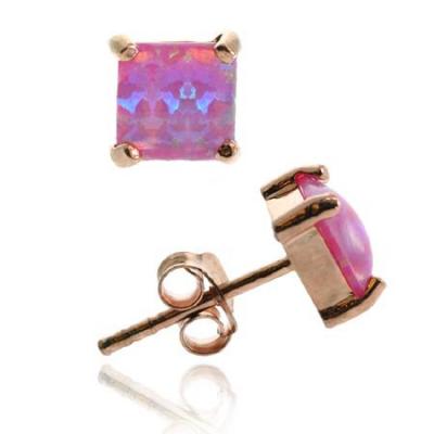 18K Rose Gold over Sterling Silver Pink Opal Square Stud Earring, 6mm
