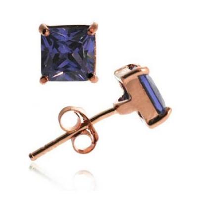 18K Rose Gold over Sterling Silver Tanzanite CZ 5mm Square Stud Earrings
