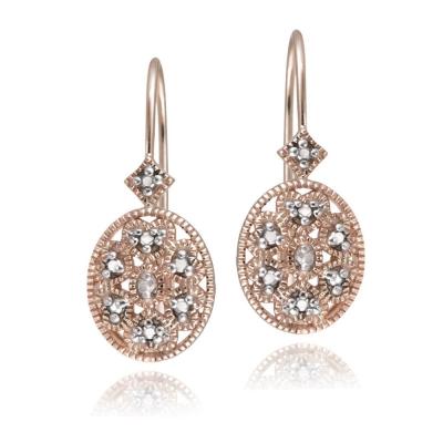 Rose Gold Tone over Sterling Silver Diamond Accent Filigree Oval Leverback Earrings