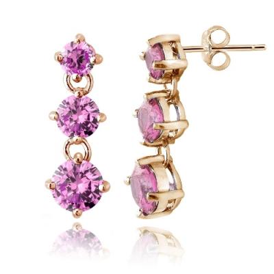 Rose Gold Tone over Sterling Silver Light Pink CZ Three Stone Dangle Earrings