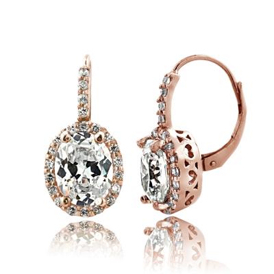 Rose Gold Tone 4ct CZ Oval Halo Leverback Earrings