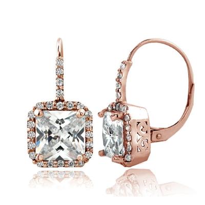 Rose Gold Tone 6.5ct CZ Square Halo Leverback Earrings