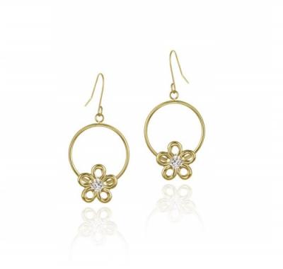 10K Gold Circle & CZ Flower Dangle Earrings