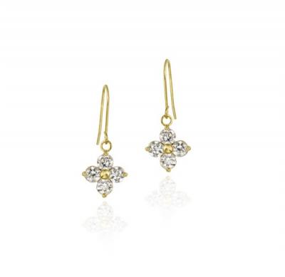 10K Gold CZ Flower Mini Dangle Earrings