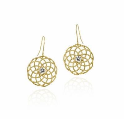 10K Gold CZ & Swirl Filigree Dangle Earrings