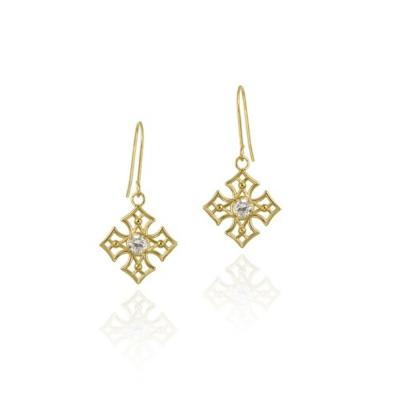10K Gold CZ & Open Diamond Shape Dangle Earrings