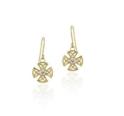 10K Gold CZ & Cross Design Dangle Earrings