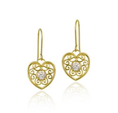 10K Gold CZ & Filigree Heart Dangle Earrings