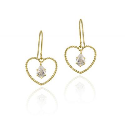 10K Gold CZ & Open Heart Dangle Earrings