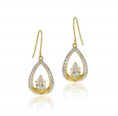 10K Gold CZ & Two Tone Teardrop Dangle Earrings