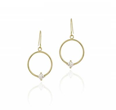 10K Gold Circle Dangle Earrings with CZ Square Stud