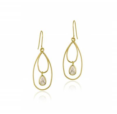 10K Gold CZ & Double Teardrops Dangle Earrings