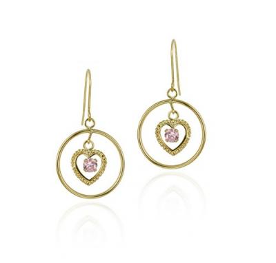 10K Gold Pink CZ & Heart in Circle Dangle Earrings