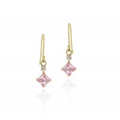 10K Gold Diamond Shape Pink & Clear CZ Dangle Earrings