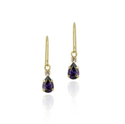 10K Gold Teardrop Amethyst & Clear CZ Dangle Earrings