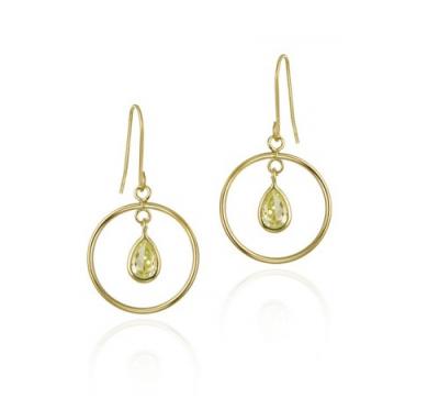 10K Gold Light Green Teardrop CZ & Open Circle Dangle Earrings