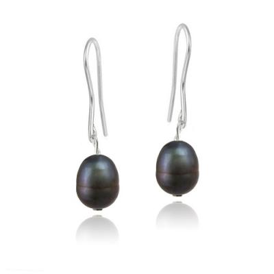 Stainless Steel Baroque Freshwater Cultured Dark Blue Pearl Dangle Earrings