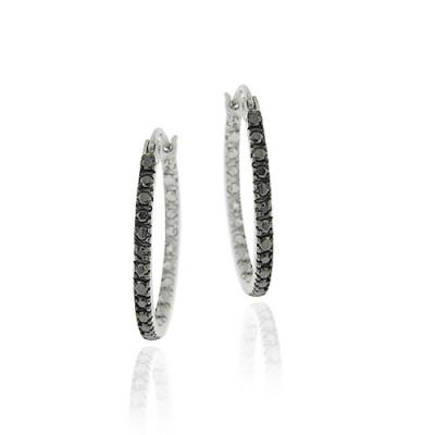 Sterling Silver Black Diamond Accent 25mm Hoop Earrings