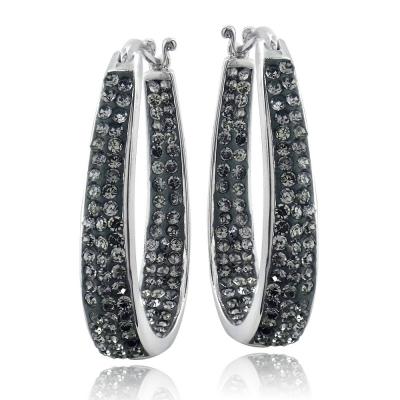 Silver Tone Gray Crystal Inside-Out Oval Hoop Earrings