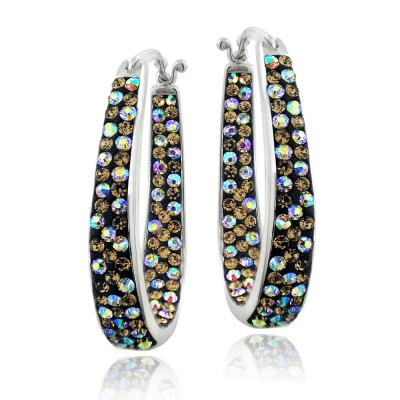 Silver Tone Yellow Crystal Ombre Inside-Out Oval Hoop Earrings