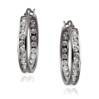 Black Rhodium Overlay Silver 20mm Channel Set CZ Hoop Earrings