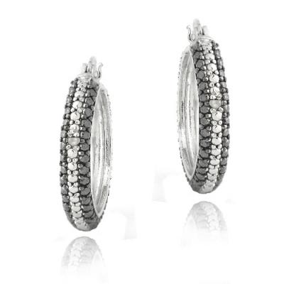 Silver Tone Diamond Accent Black & White Striped Hoop Earrings