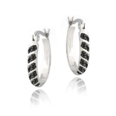 Black Diamond Accent 20mm Striped Oval Hoop Earrings