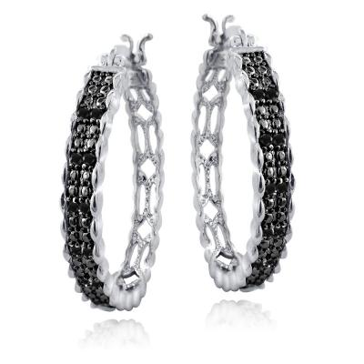 Silver Tone 1/4ct Black Diamond 28mm Round Hoop Earrings
