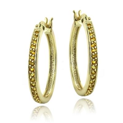 Gold Tone over Sterling Silver 5/8ct Citrine 25mm Round Hoop Earrings