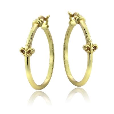 Gold Tone over Sterling Silver Fleur de Lis Polished Hoop Earrings